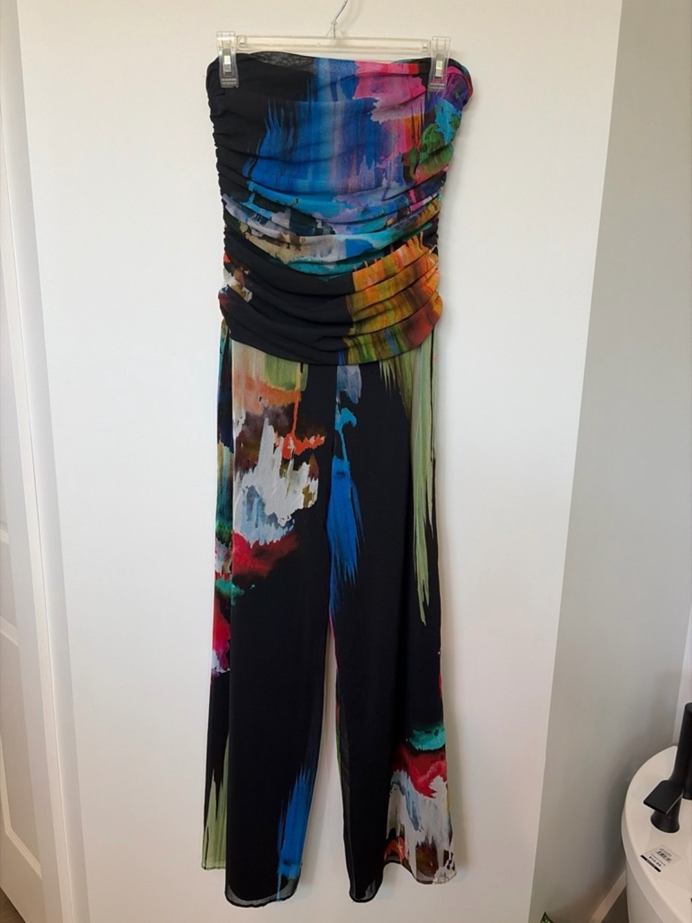 Strapless Ruched Wide-Leg Jumpsuit in Black with Multi-Color Print